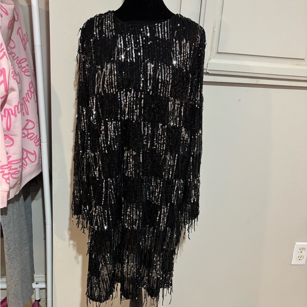 Zara Black Evening Dress with sequin fringes